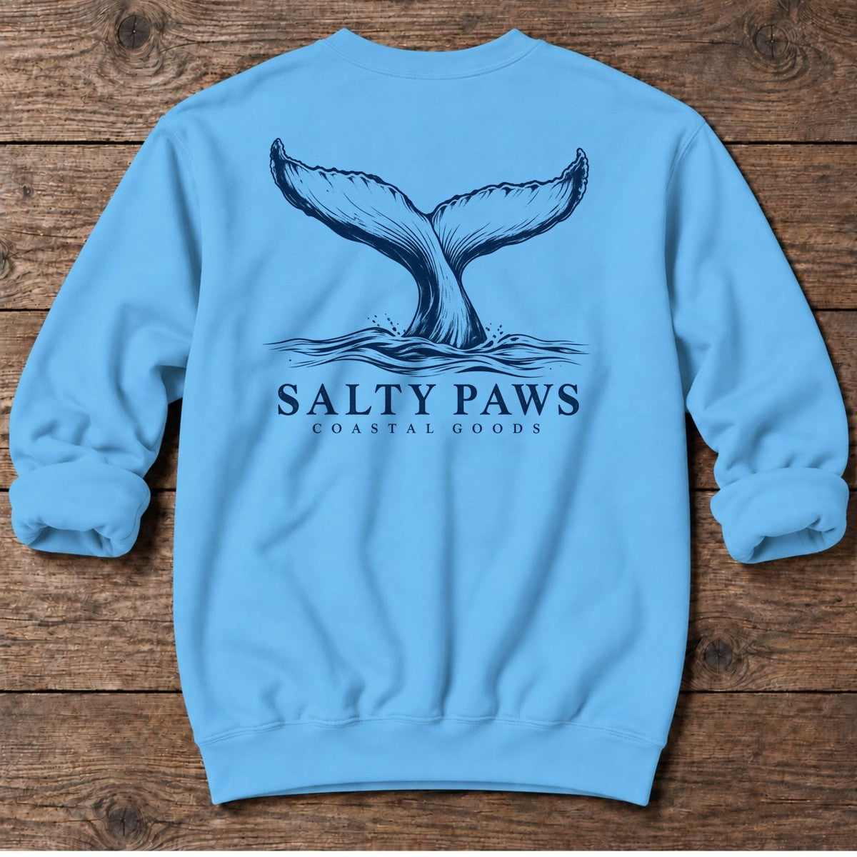 Humpback Tail Coastal Goods Back Design Midweight Sweatshirt in Sky, Salty Paws Midweight Sweatshirt, back design flat lay