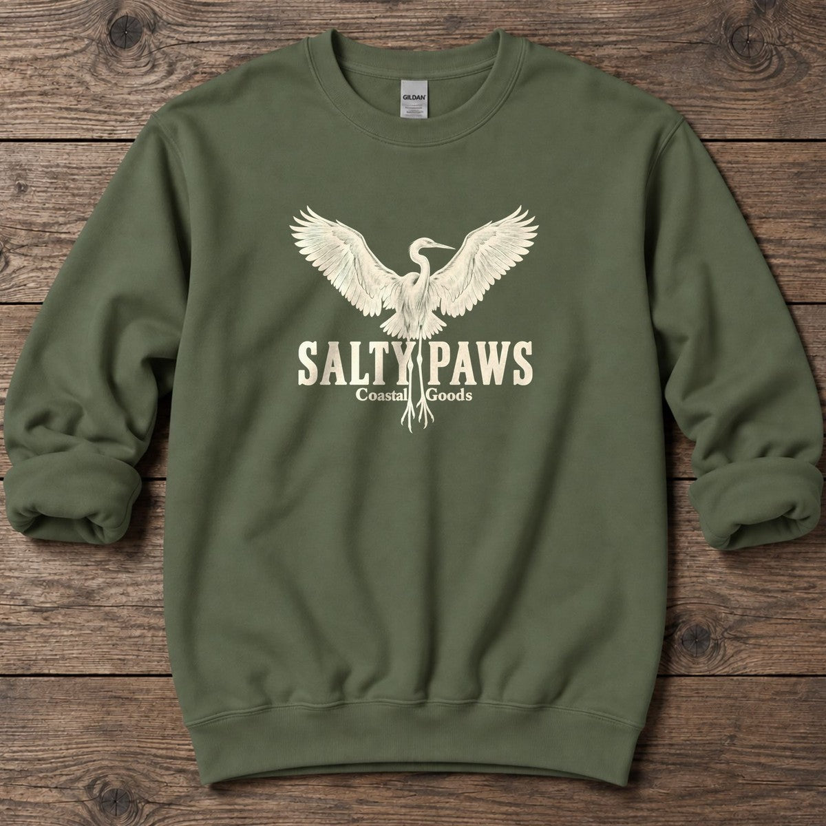 Rising Egret Salty Paws Coastal Goods Midweight Sweatshirt in Military Green, Salty Paws Midweight Sweatshirt, front design flat lay