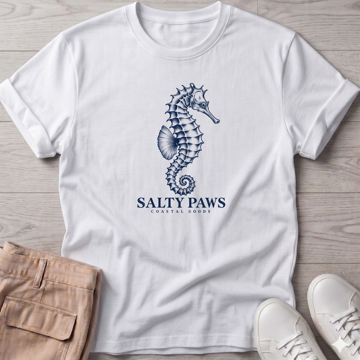 Seahorse Coastal Goods T-Shirt in White, Salty Paws T-Shirt, front design flat lay