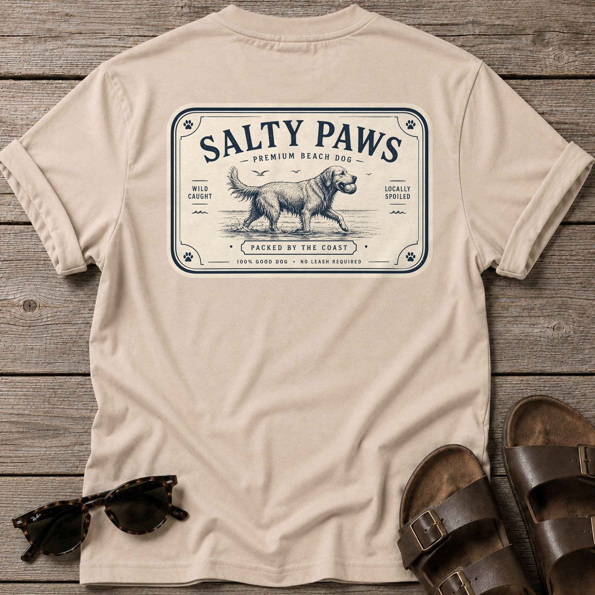 Salty Paws Premium Beach Dog Back Design T-Shirt in Sand