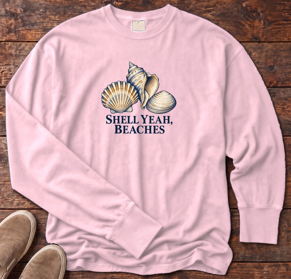 Shell Yeah Beaches Long Sleeve Tee in Blossom, Salty Paws Comfort Colors Long Sleeve Tee, front design flat lay