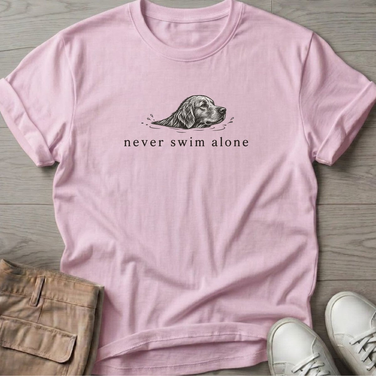 Never Swim Alone Golden Dog T-Shirt in Light Pink