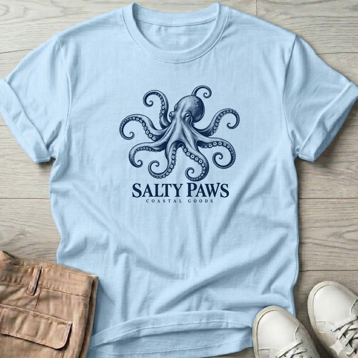 Octopus Coastal Goods T-Shirt in Light Blue, Salty Paws T-Shirt, front design flat lay