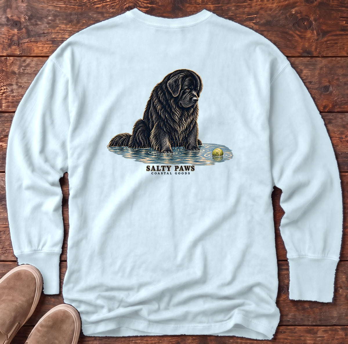 Newfoundland Ball Back Design Long Sleeve Tee in Chambray, Salty Paws Comfort Colors Long Sleeve Tee, back design flat lay