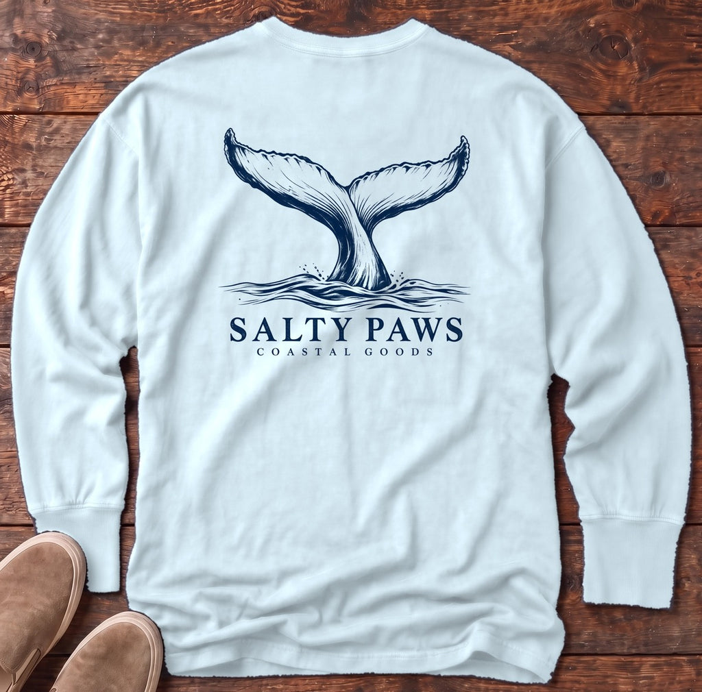 Humpback Tail Coastal Goods Back Design Long Sleeve Tee in Chambray, Salty Paws Comfort Colors Long Sleeve Tee, back design flat lay