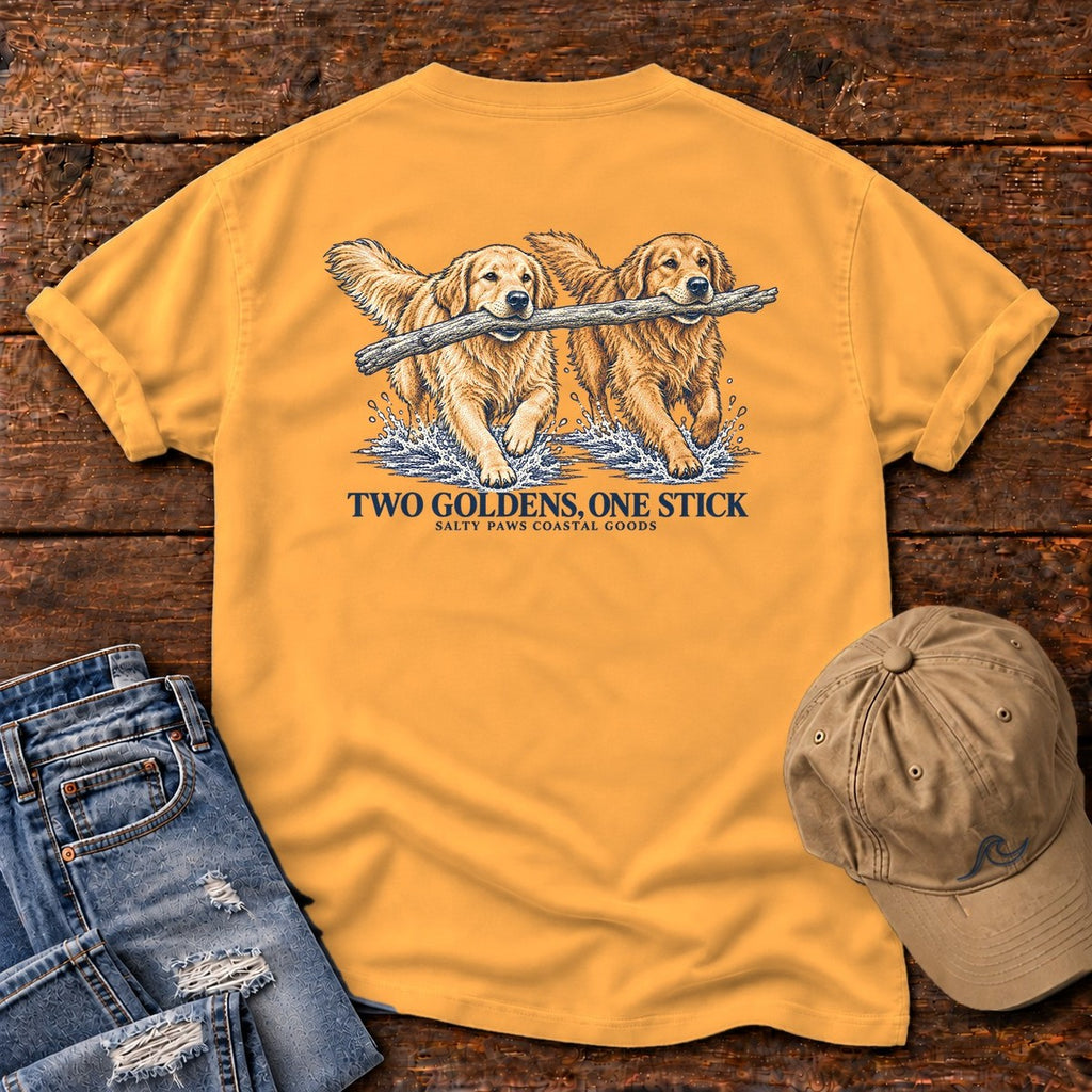 Two Goldens, One Stick Back Design Comfort Colors T-Shirt in Bright Orange, back design flat lay