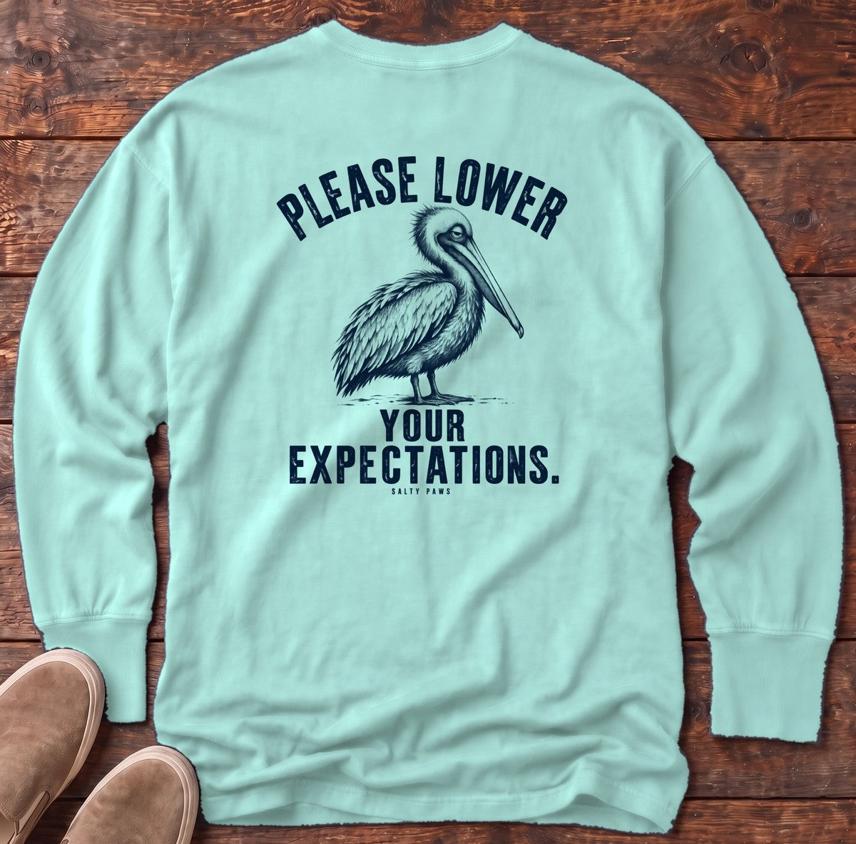 Please Lower Your Expectations Pelican Back Design Long Sleeve Tee in Chalky Mint, Salty Paws Comfort Colors Long Sleeve Tee, back design flat lay