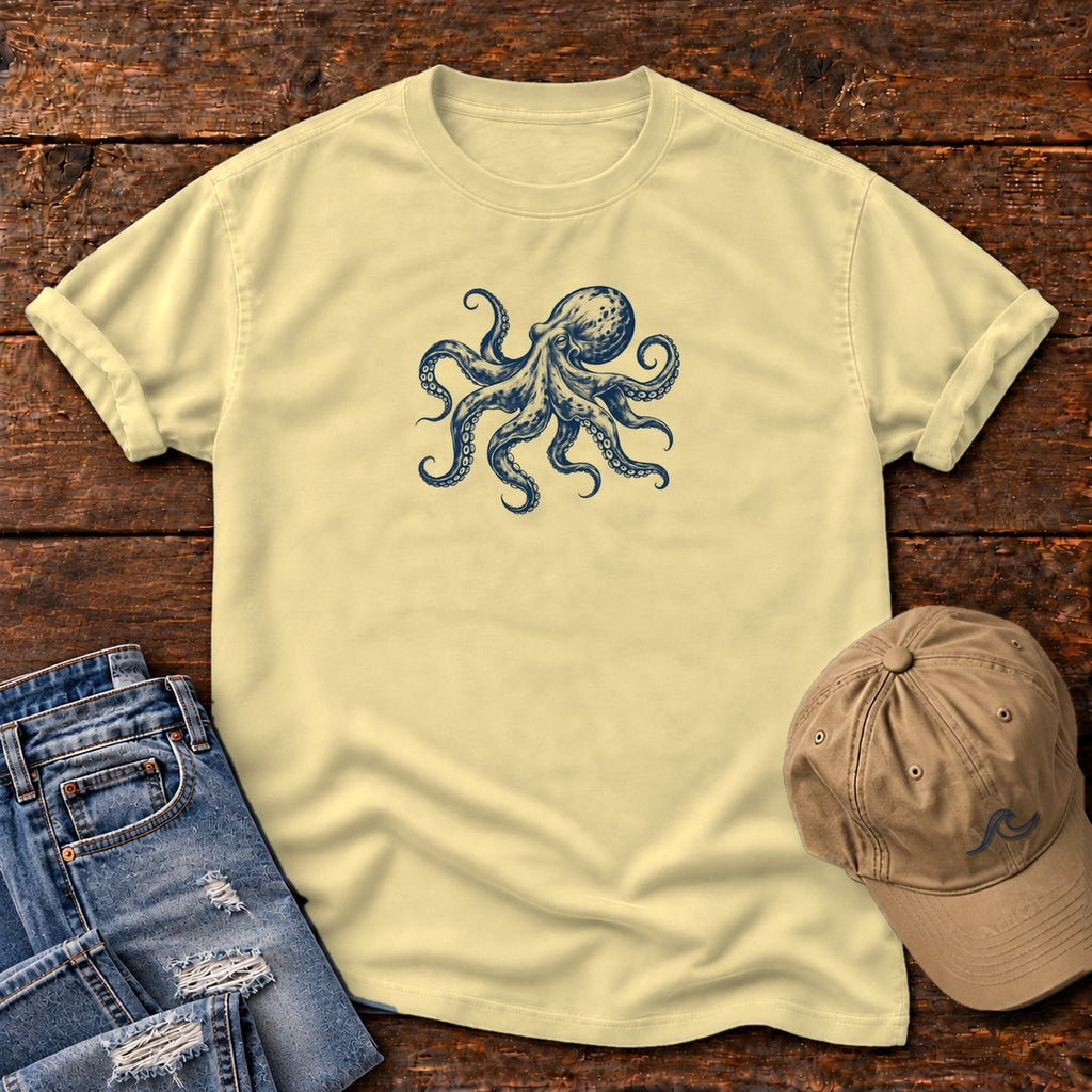 Octopus T-Shirt in Butter, Salty Paws Comfort Colors T-Shirt, front design flat lay