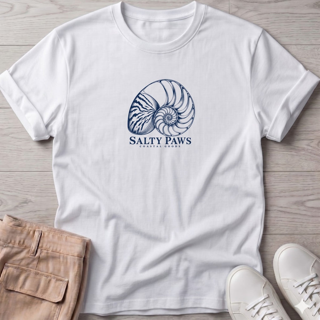Nautilus Shell T-Shirt in White, Salty Paws T-Shirt, front design flat lay