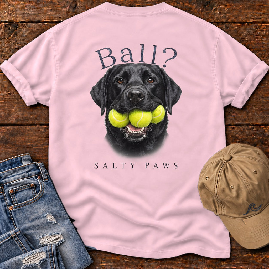 Ball? Black Lab Comfort Colors T-Shirt in Blossom, back design flat lay
