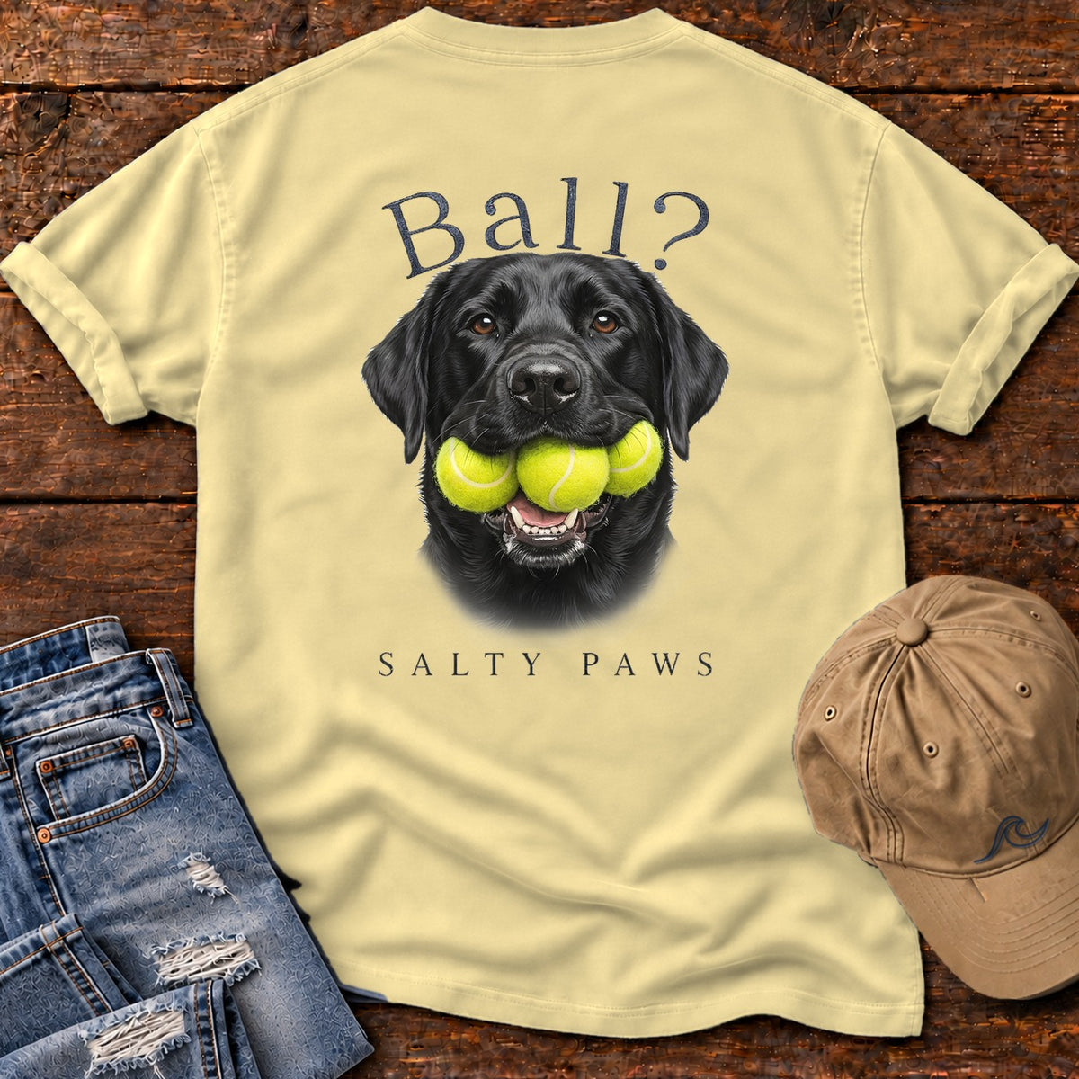 Ball? Black Lab Comfort Colors T-Shirt in Butter, back design flat lay