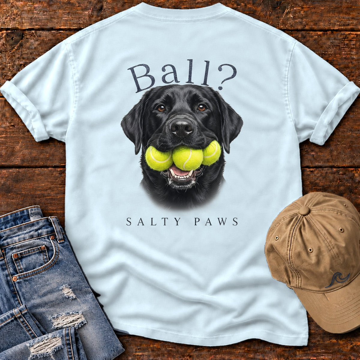 Ball? Black Lab Comfort Colors T-Shirt in Chambray, back design flat lay