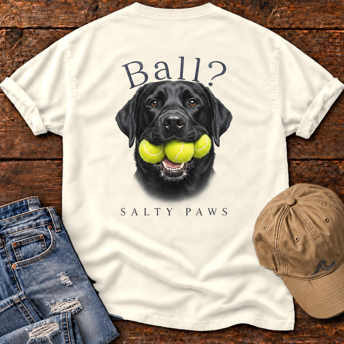 Ball? Black Lab Comfort Colors T-Shirt in Ivory, back design flat lay