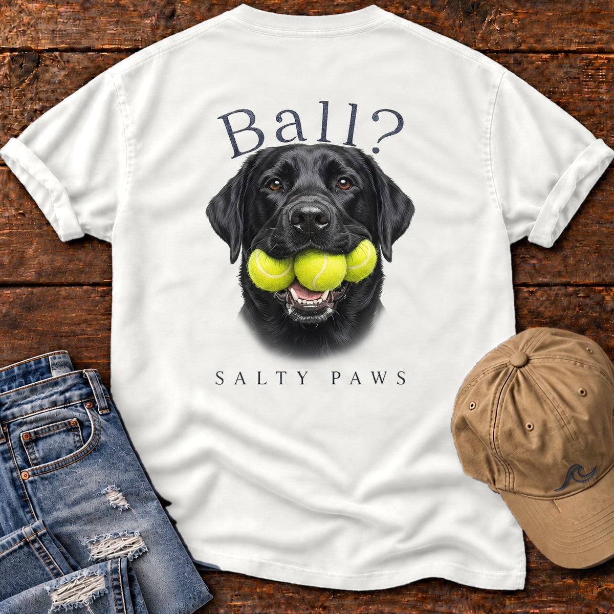 Ball? Black Lab Comfort Colors T-Shirt in White, back design flat lay