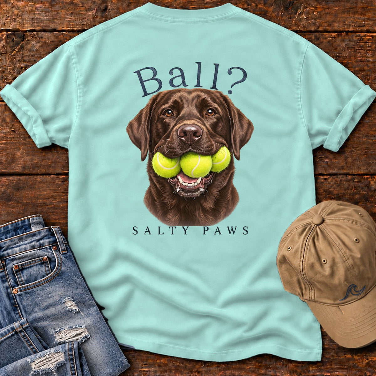 Ball? Chocolate Lab Back Design Comfort Colors T-Shirt in Chalky Mint, back design flat lay