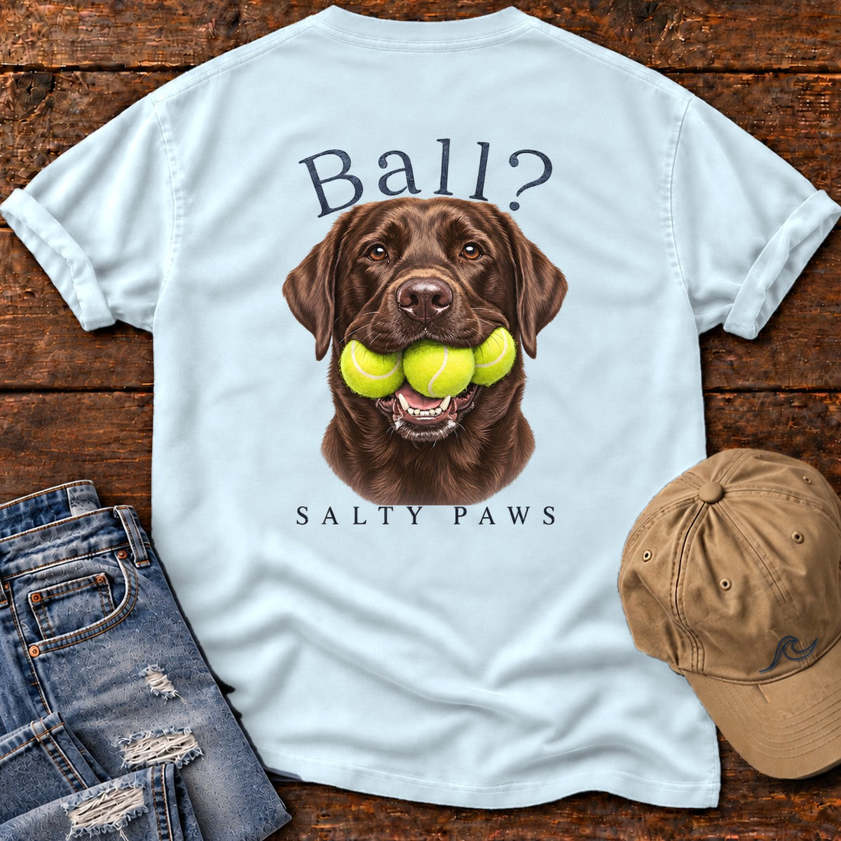 Ball? Chocolate Lab Back Design Comfort Colors T-Shirt in Chambray, back design flat lay