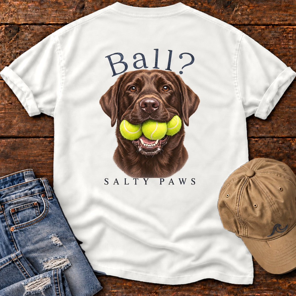 Ball? Chocolate Lab Back Design Comfort Colors T-Shirt in White, back design flat lay