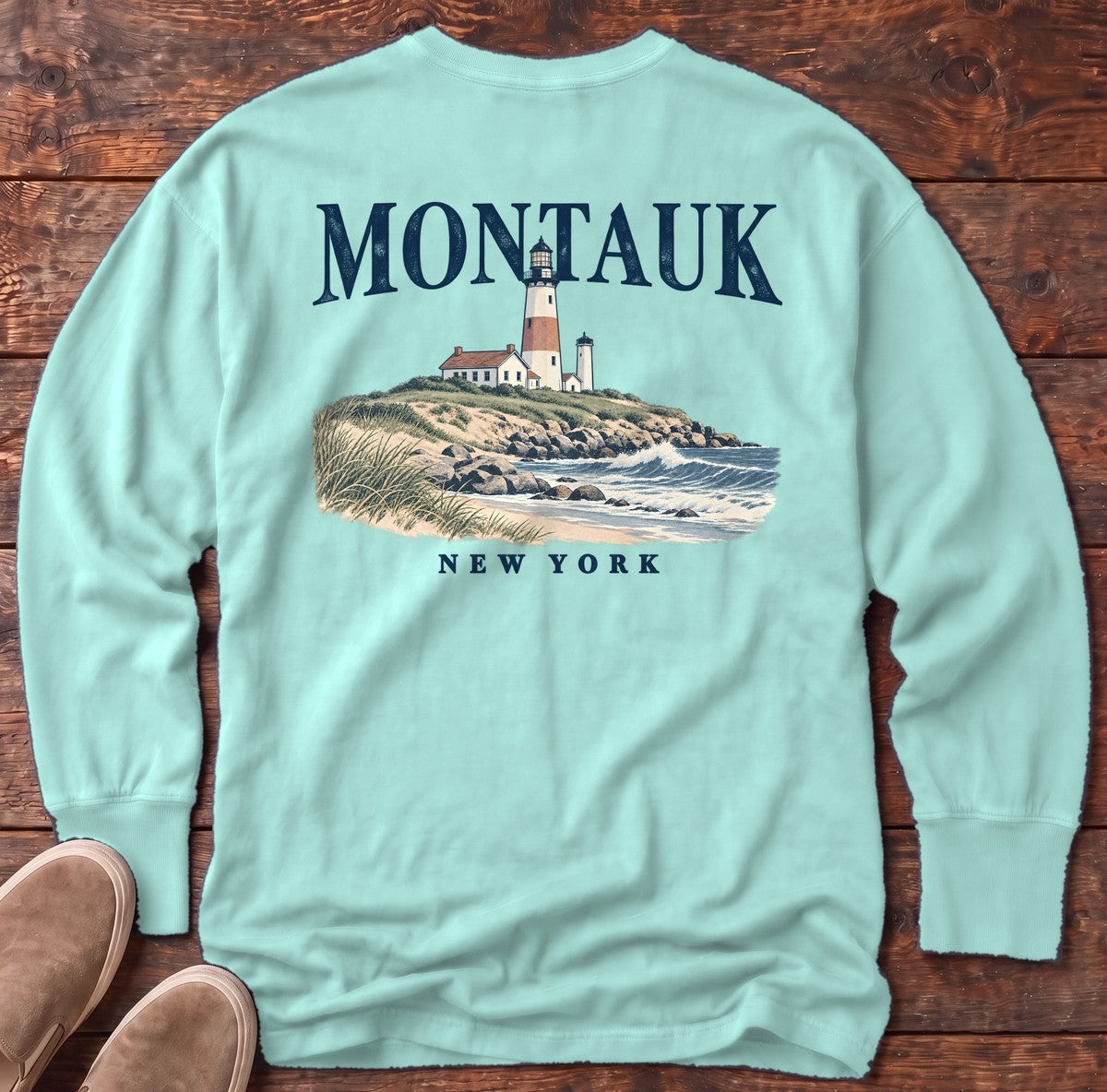 Montauk Lighthouse New York Back Design Long Sleeve Tee in Chalky Mint, Salty Paws Comfort Colors Long Sleeve Tee, back design flat lay