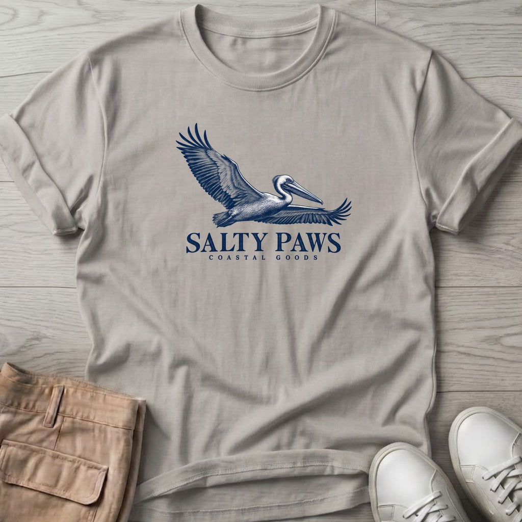 Gliding Pelican Coastal Goods T-Shirt in Ice Grey, Salty Paws T-Shirt, front design flat lay