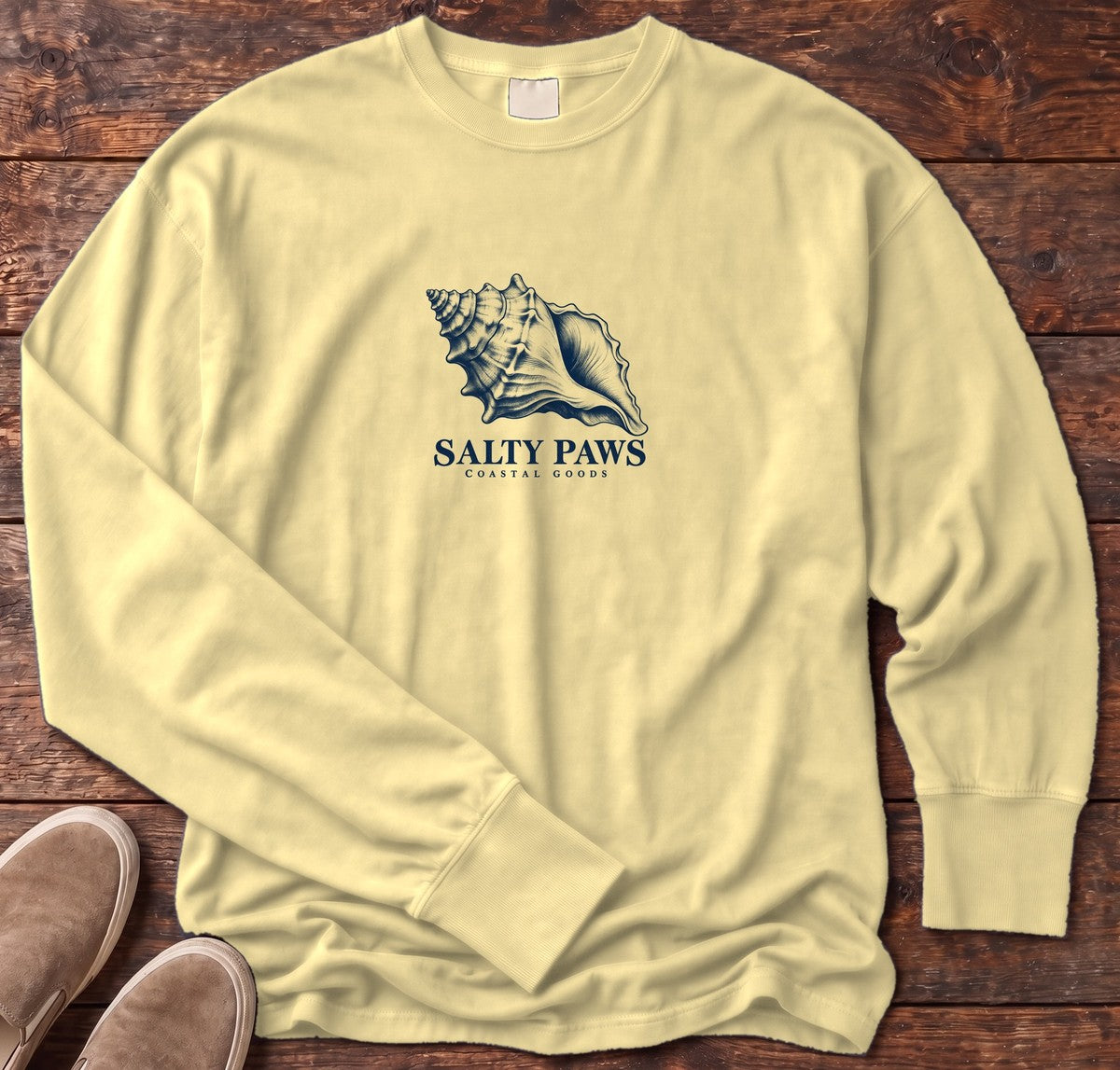 Conch Shell Long Sleeve Tee in Butter, Salty Paws Comfort Colors Long Sleeve Tee, front design flat lay