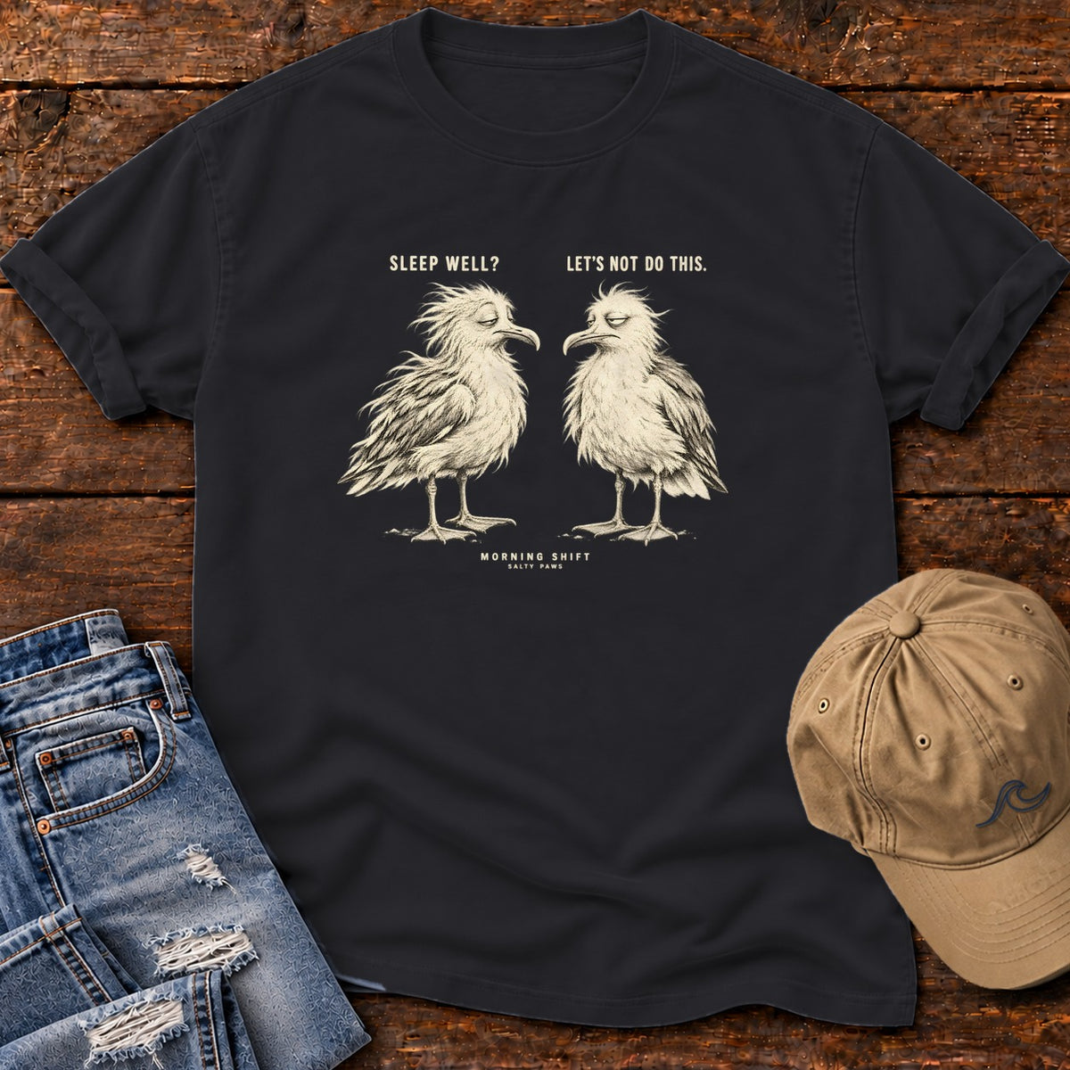 Sleep Well Let's Not Do This Seagulls T-Shirt in Black, Salty Paws Comfort Colors T-Shirt, front design flat lay
