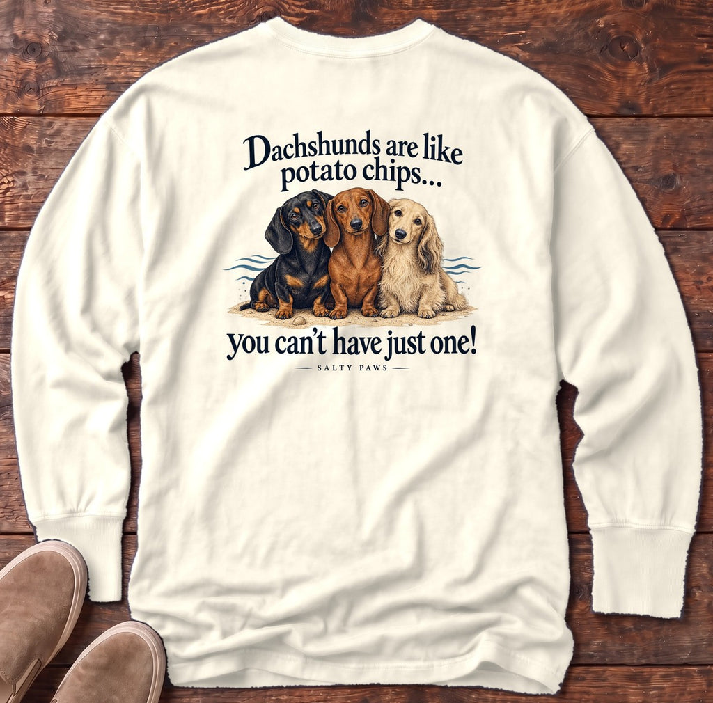 Dachshunds Are Like Potato Chips Back Design Long Sleeve Tee in Ivory, Salty Paws Comfort Colors Long Sleeve Tee, back design flat lay