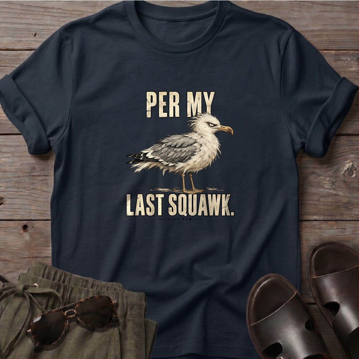 Per My Last Squawk Seagull T-Shirt in Black, Salty Paws T-Shirt, front design flat lay