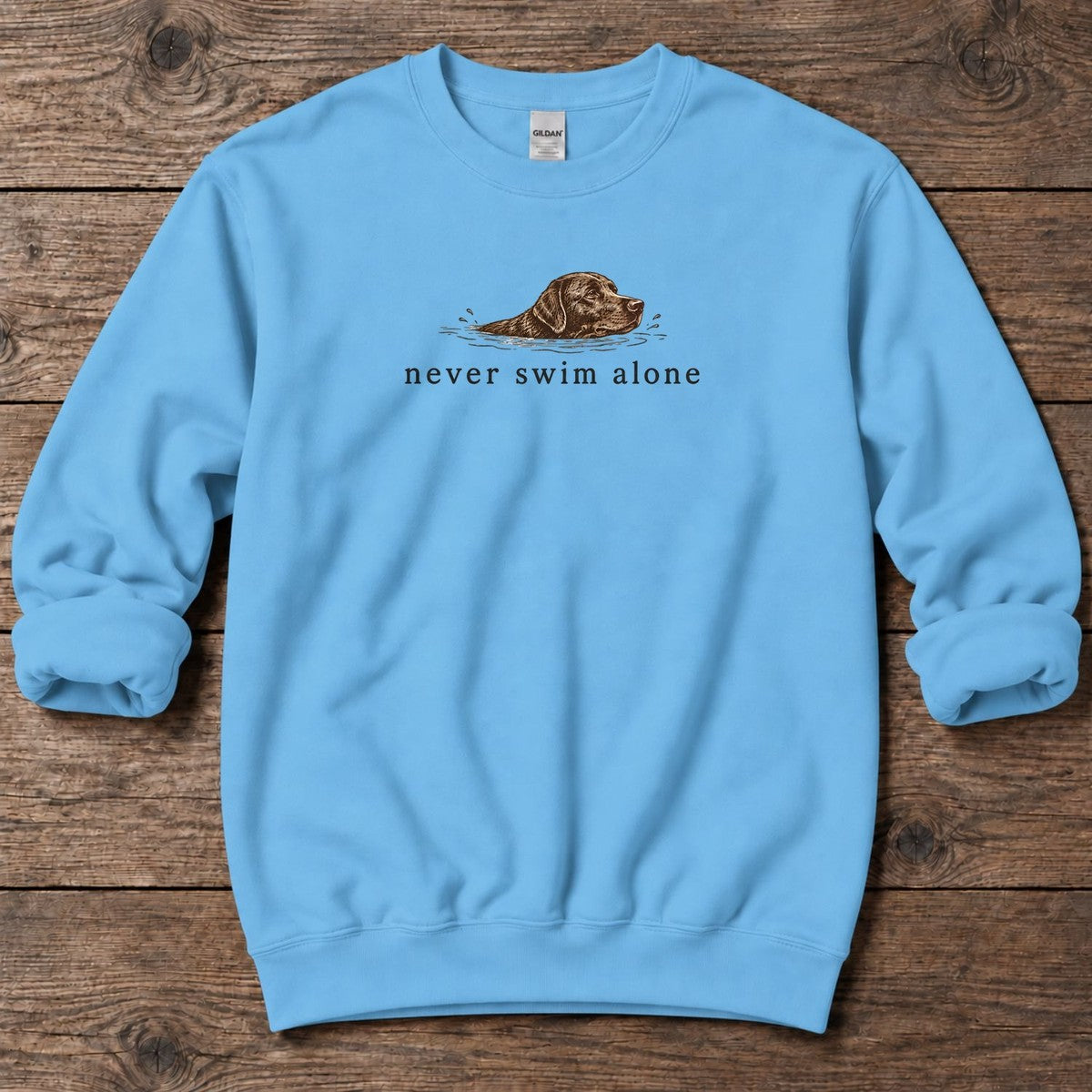 Never Swim Alone Chocolate Lab Midweight Sweatshirt in Sky, front design flat lay