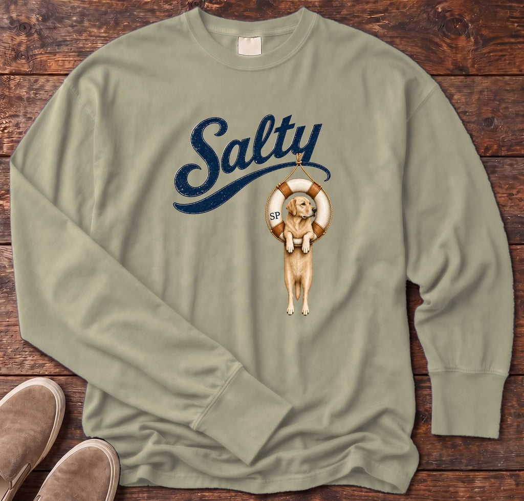 Salty Golden Tube Long Sleeve Tee Comfort Colors in Sandstone, Salty Paws Comfort Colors long sleeve tee