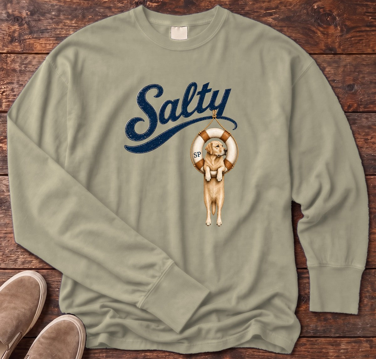 Salty Golden Tube Long Sleeve Tee Comfort Colors in Sandstone, Salty Paws Comfort Colors long sleeve tee