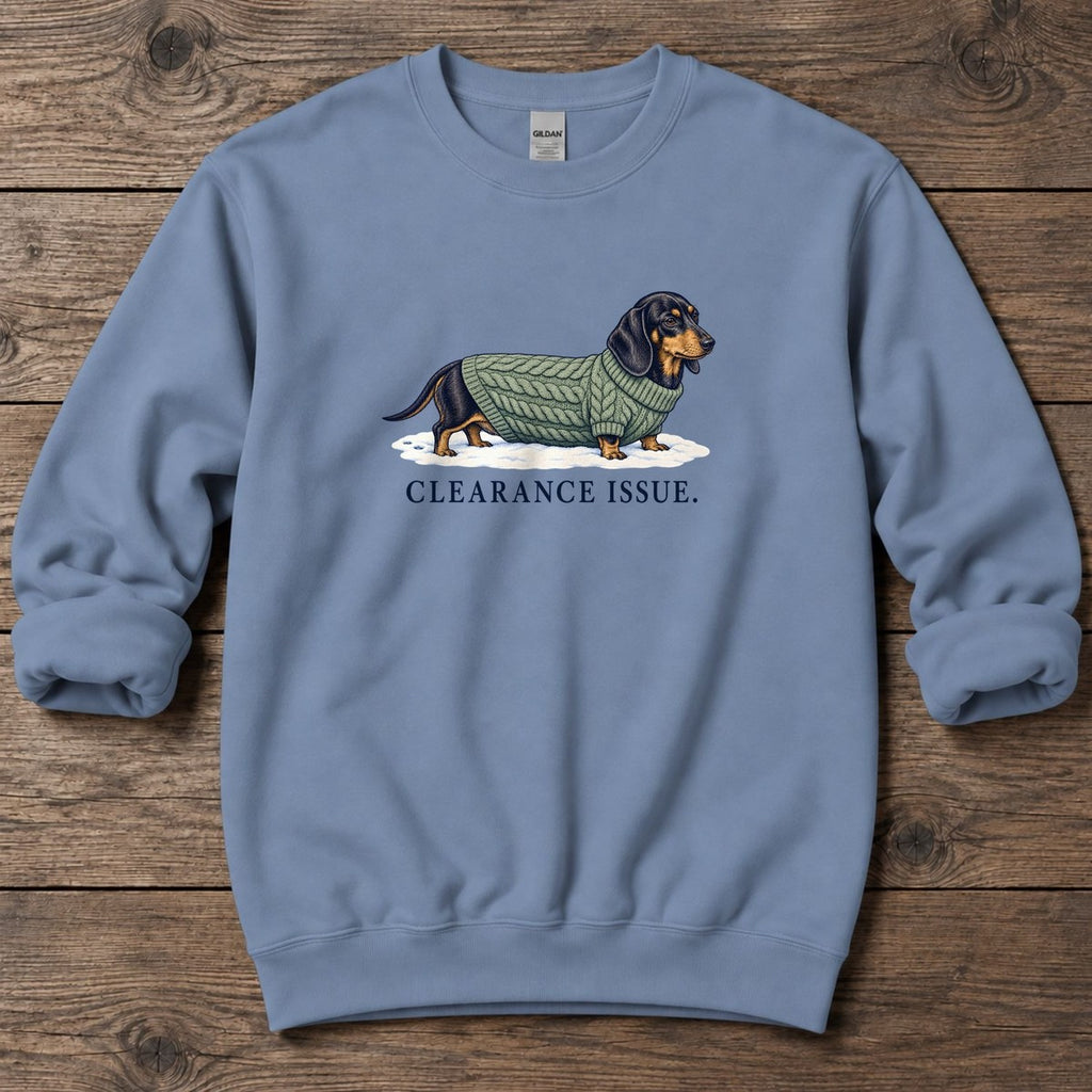 Clearance Issue Dachshund Midweight Sweatshirt in Stone Blue, Salty Paws Midweight Sweatshirt, front design flat lay
