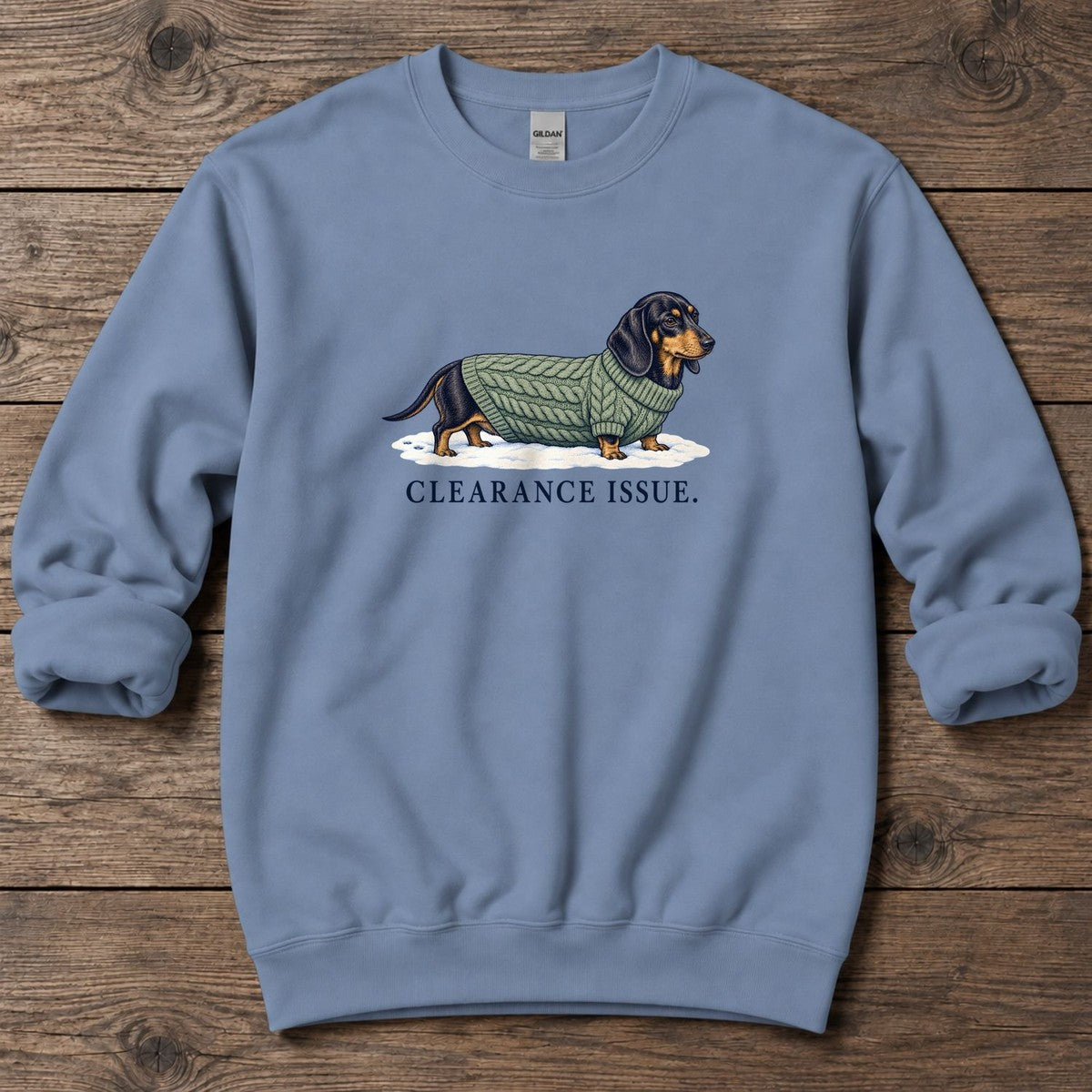 Clearance Issue Dachshund Midweight Sweatshirt in Stone Blue, Salty Paws Midweight Sweatshirt, front design flat lay