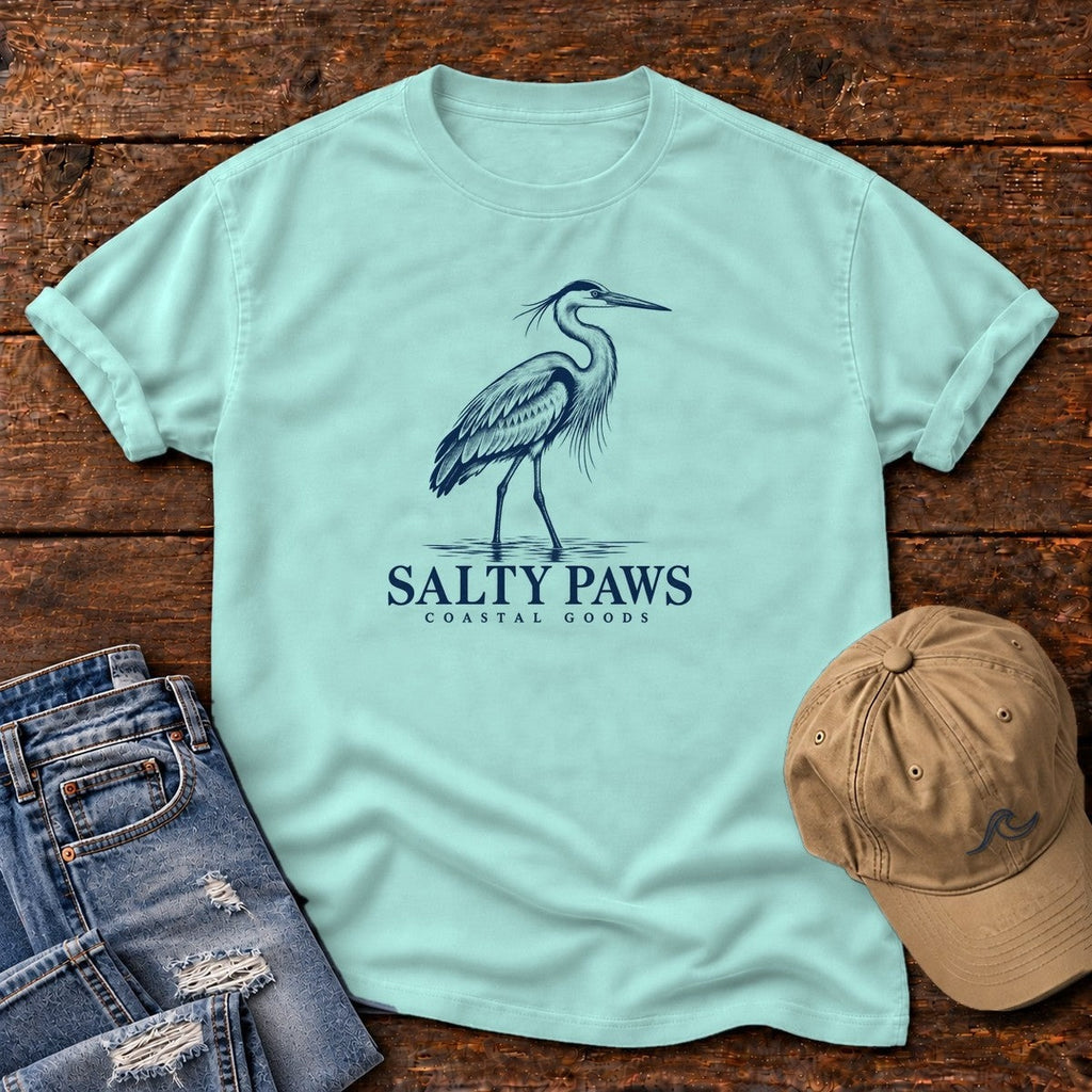 Great Blue Heron Coastal Goods T-Shirt in Chalky Mint, Salty Paws Comfort Colors T-Shirt, front design flat lay