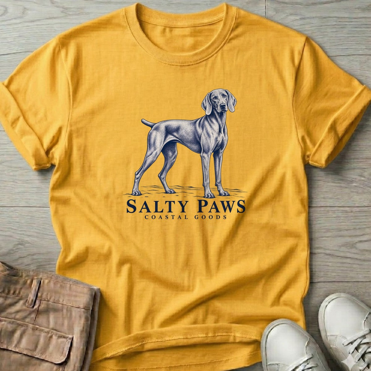 Weimaraner Coastal Goods T-Shirt in Daisy, Salty Paws T-Shirt, front design flat lay
