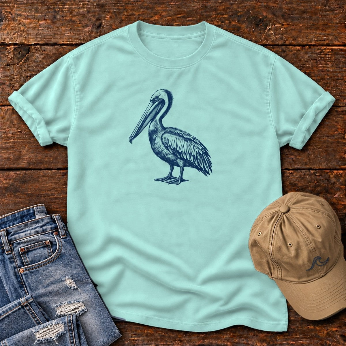 Navy Pelican Portrait T-Shirt in Chalky Mint, Salty Paws Comfort Colors T-Shirt, front design flat lay