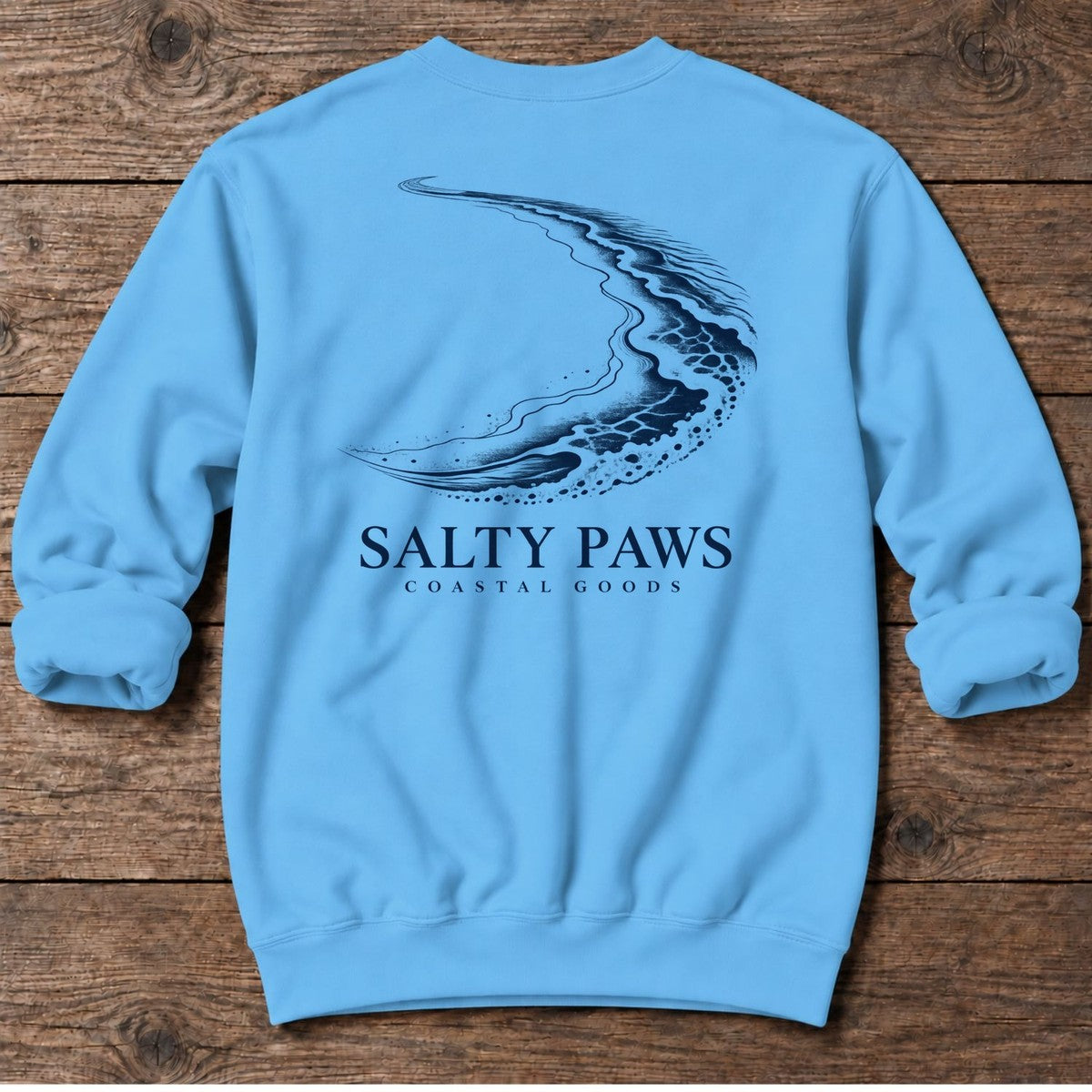 Crescent Shoreline Coastal Goods Back Design Midweight Sweatshirt in Sky, Salty Paws Midweight Sweatshirt, back design flat lay