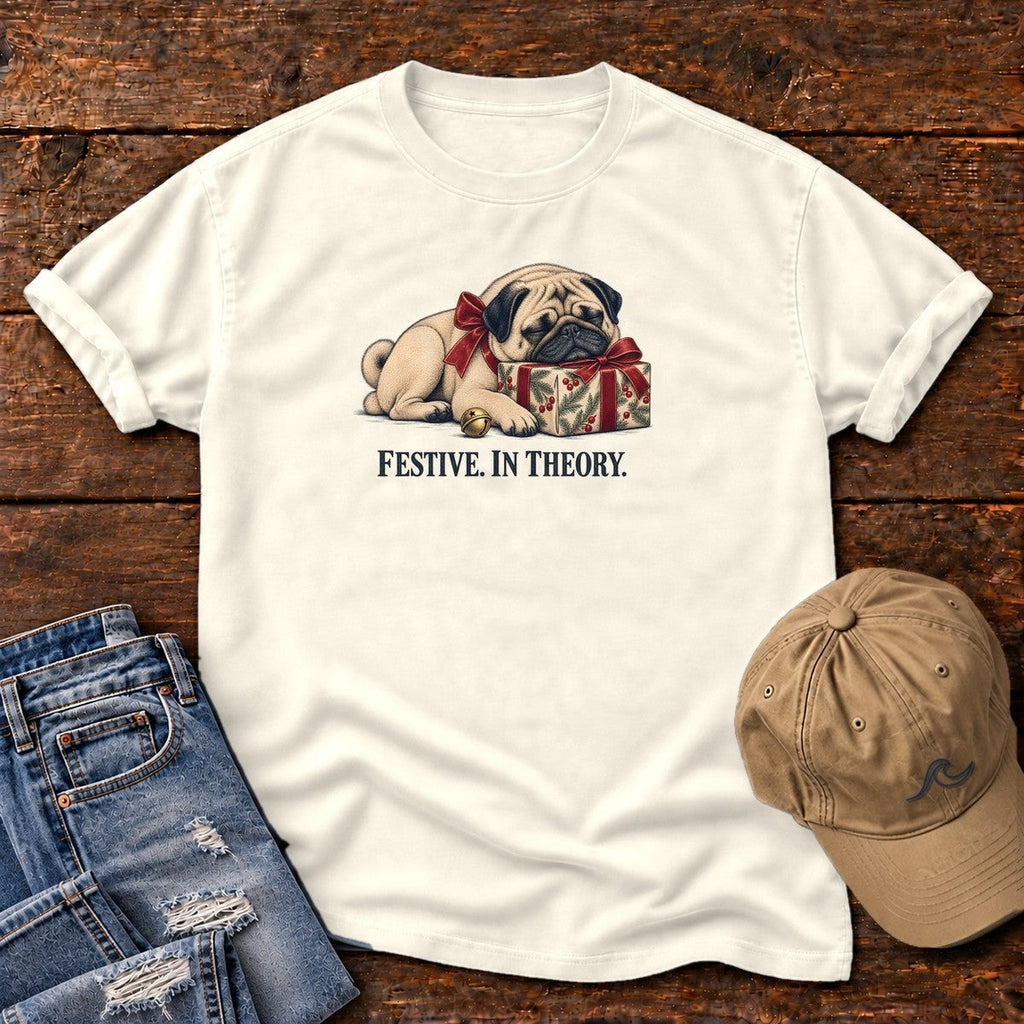 Festive in Theory Pug T-Shirt in Ivory, Salty Paws Comfort Colors T-Shirt, front design flat lay