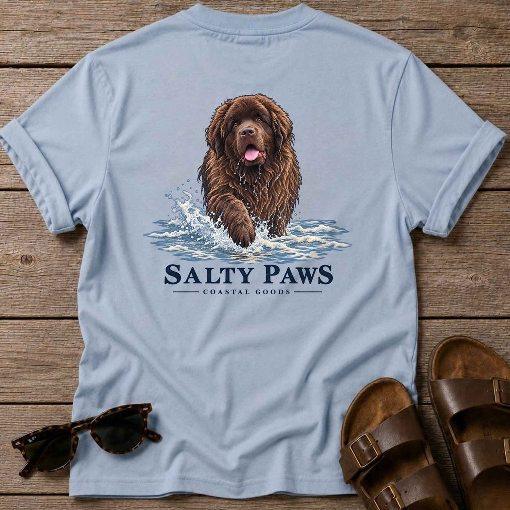 Brown Newfoundland Surf Back Design T-Shirt in Light Blue, Salty Paws T-Shirt, back design flat lay