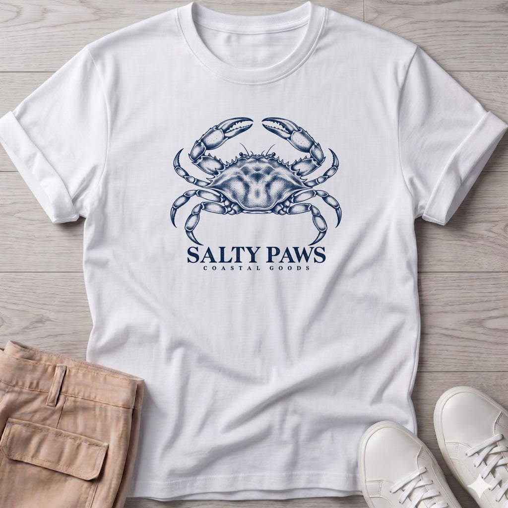 Blue Crab Coastal Goods T-Shirt in White, Salty Paws T-Shirt, front design flat lay