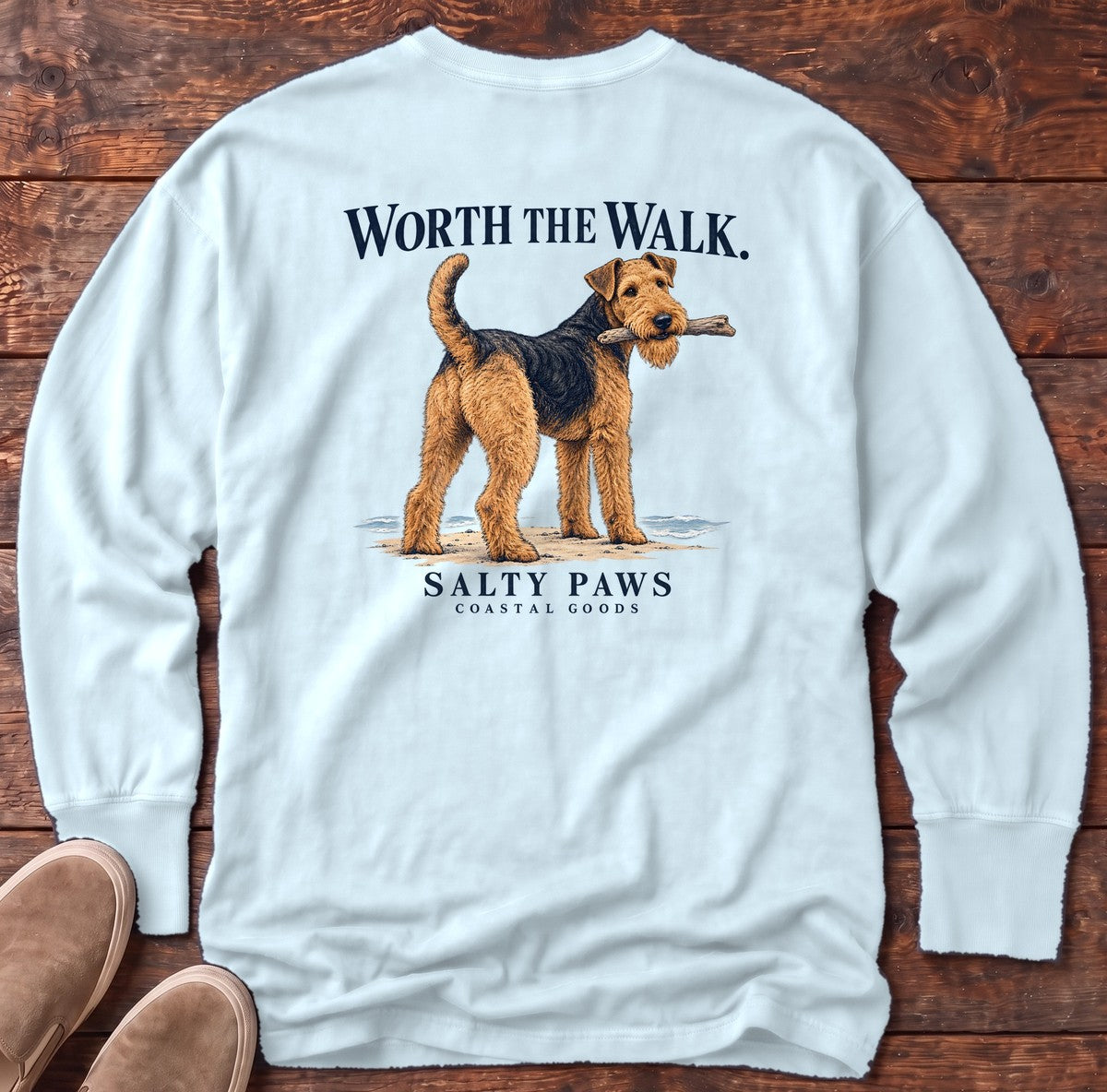 Worth the Walk Airedale Back Design Long Sleeve Tee in Chambray, Salty Paws Comfort Colors Long Sleeve Tee, back design flat lay