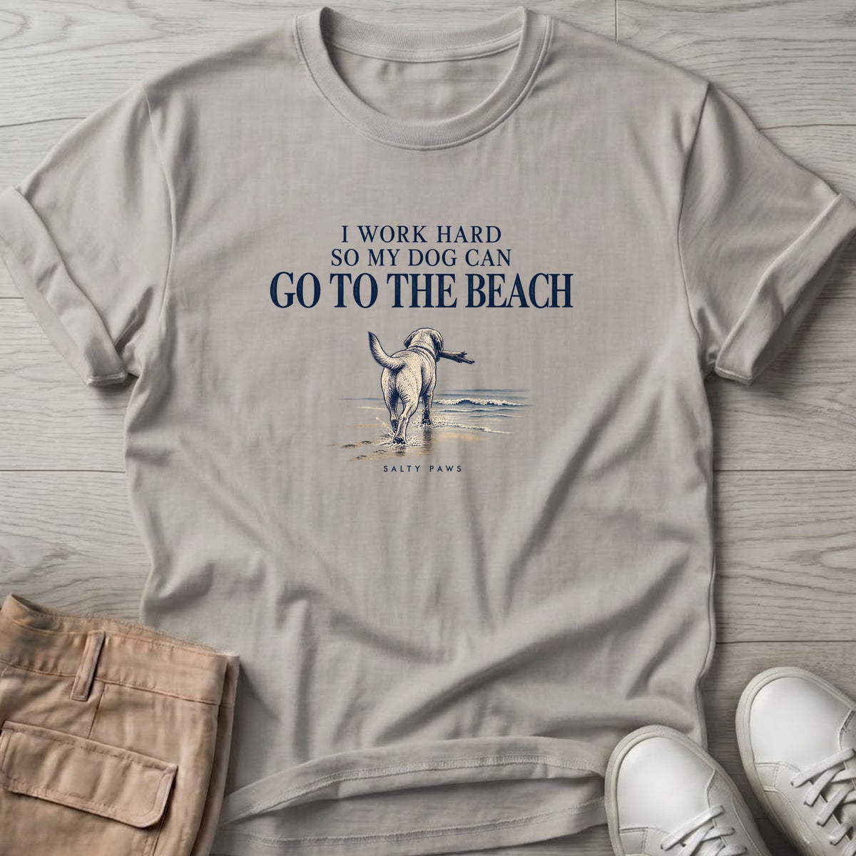 I Work Hard So My Dog Can Go to the Beach T-Shirt in Ice Grey, Salty Paws T-Shirt, front design flat lay