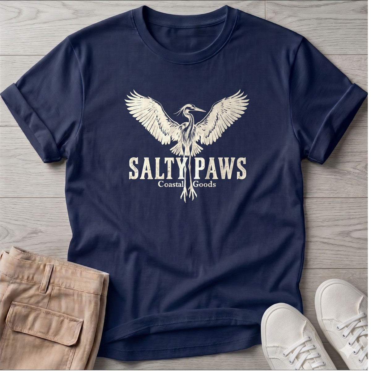 Rising Heron Salty Paws Coastal Goods T-Shirt in Navy, Salty Paws T-Shirt, front design flat lay