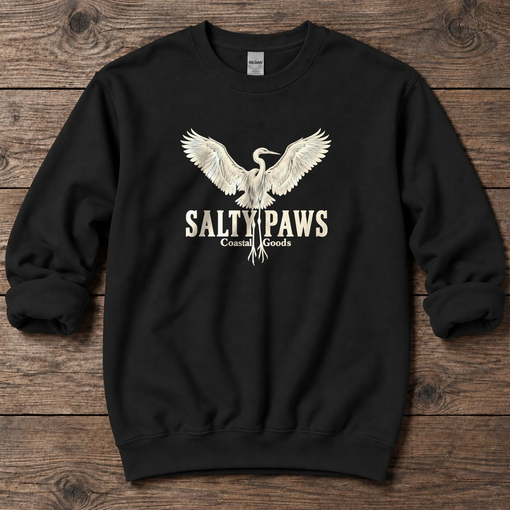 Rising Egret Salty Paws Coastal Goods Midweight Sweatshirt in Black, Salty Paws Midweight Sweatshirt, front design flat lay