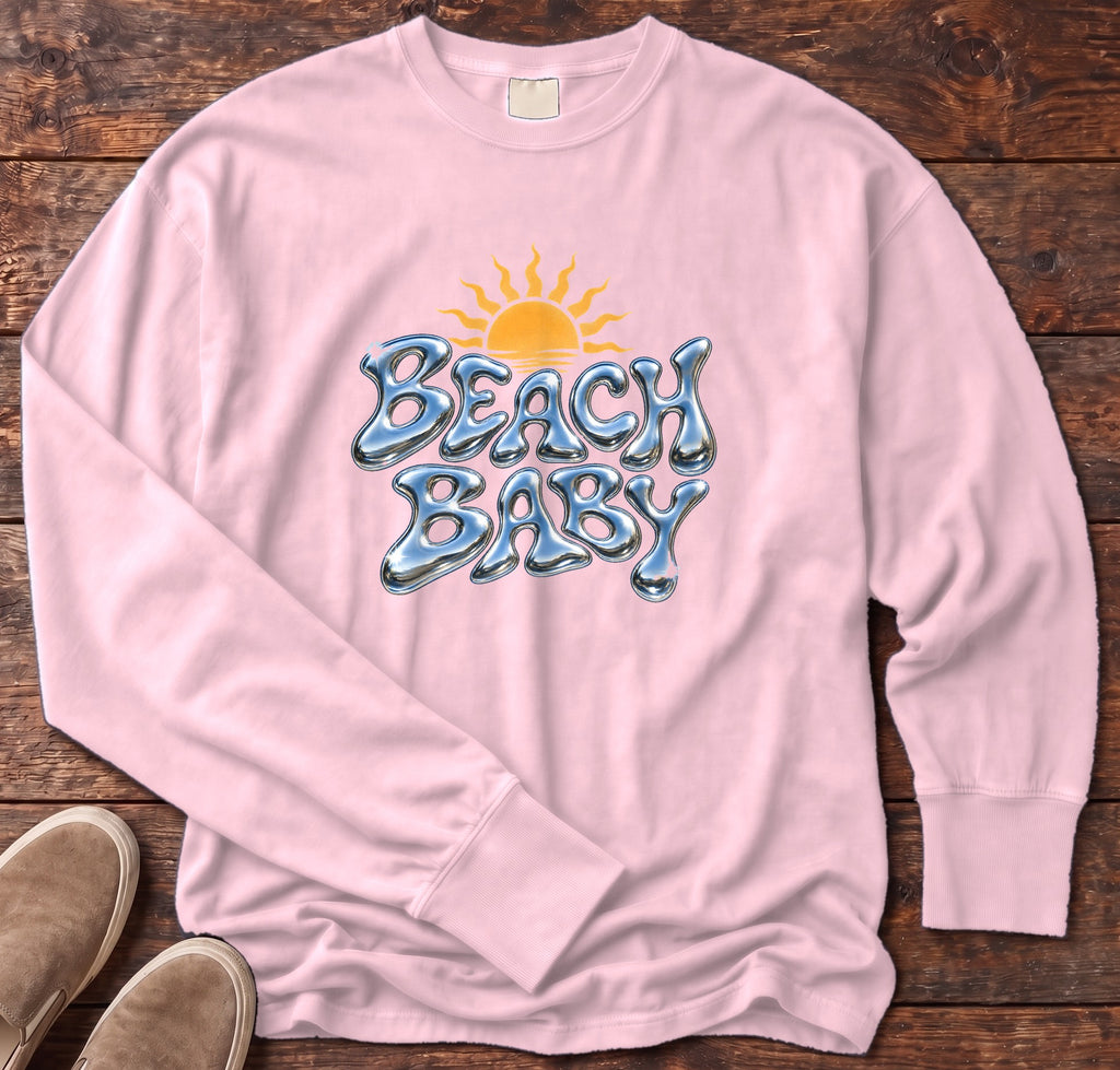 Beach Baby Chrome Sun Long Sleeve Tee in Blossom, Salty Paws Comfort Colors Long Sleeve Tee, front design flat lay