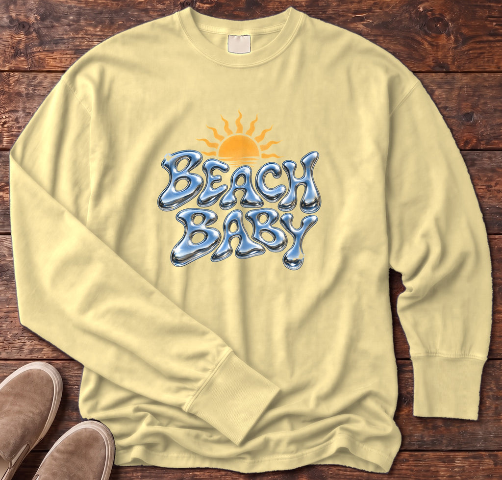 Beach Baby Chrome Sun Long Sleeve Tee in Butter, Salty Paws Comfort Colors Long Sleeve Tee, front design flat lay
