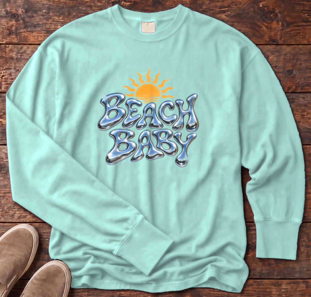 Beach Baby Chrome Sun Long Sleeve Tee in Chalky Mint, Salty Paws Comfort Colors Long Sleeve Tee, front design flat lay