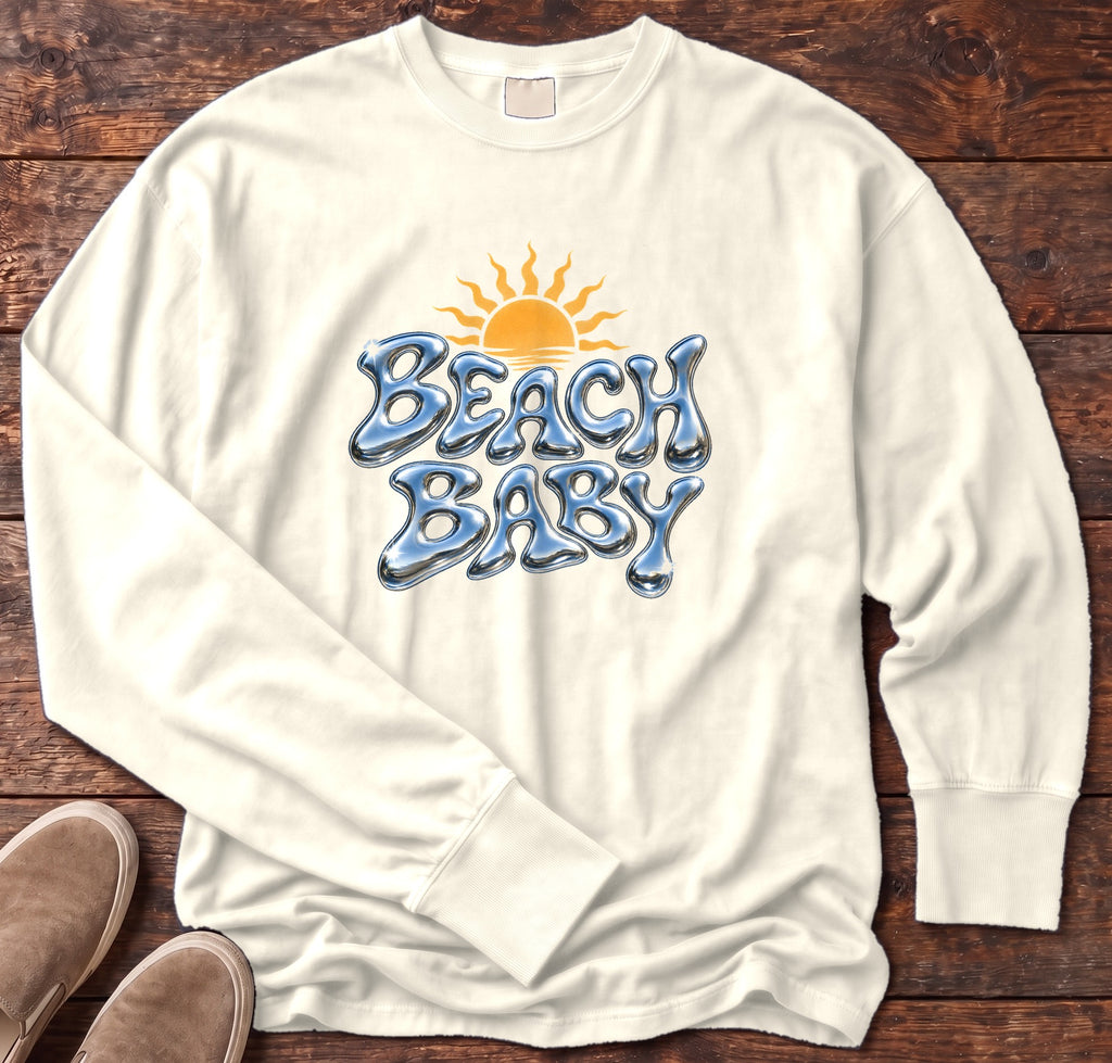 Beach Baby Chrome Sun Long Sleeve Tee in Ivory, Salty Paws Comfort Colors Long Sleeve Tee, front design flat lay