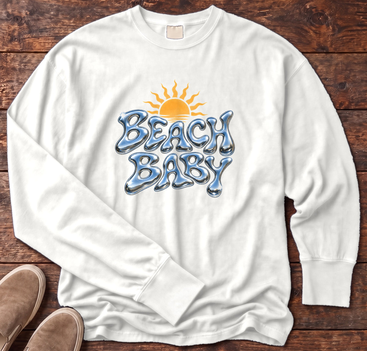 Beach Baby Chrome Sun Long Sleeve Tee in White, Salty Paws Comfort Colors Long Sleeve Tee, front design flat lay