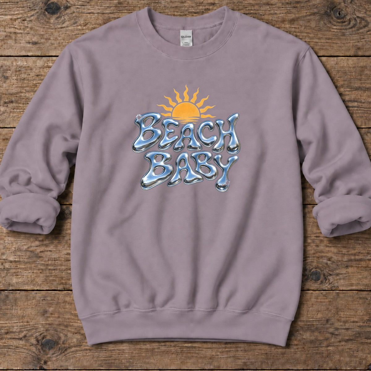 Beach Baby Chrome Sun Midweight Sweatshirt in Paragon, Salty Paws Midweight Sweatshirt, front design flat lay