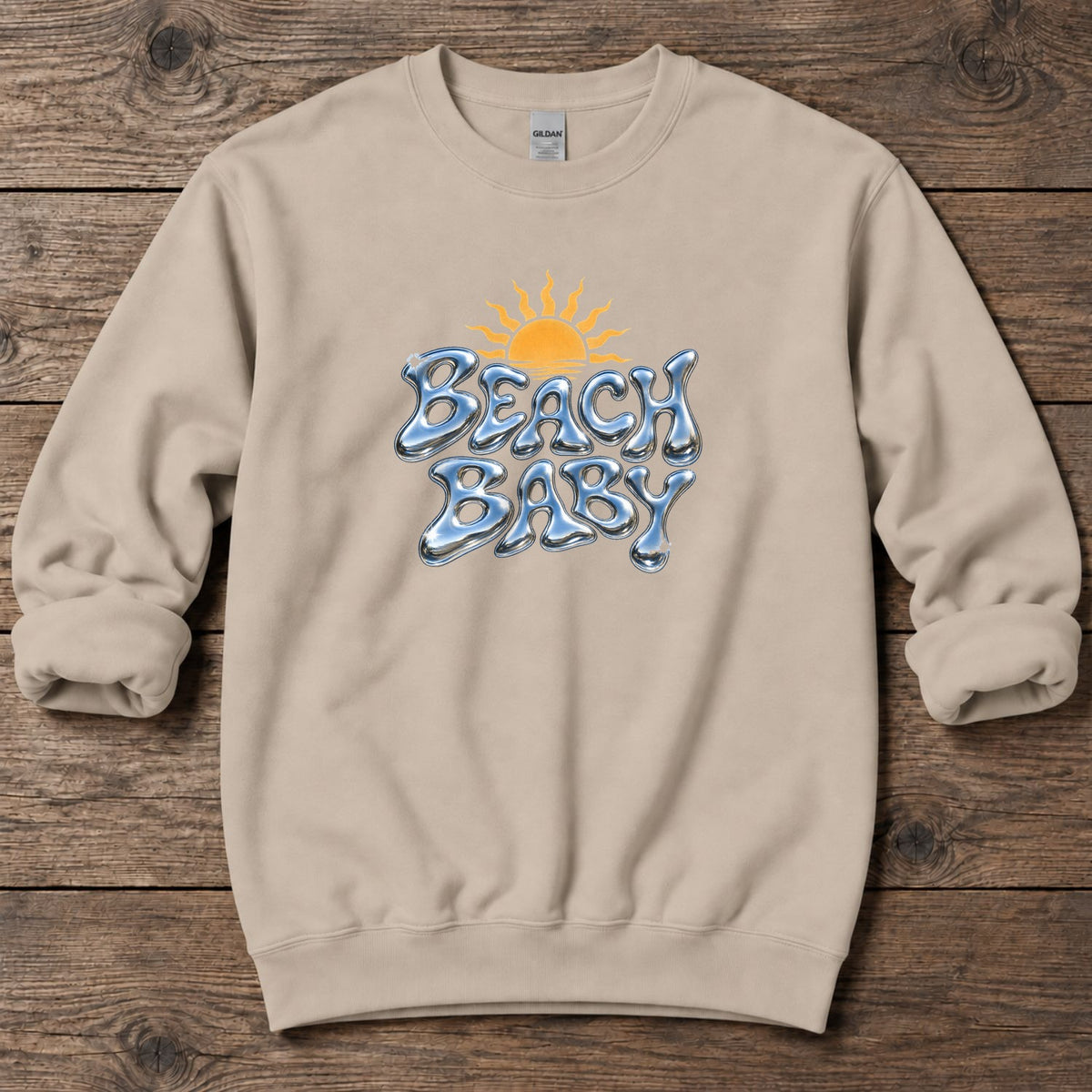 Beach Baby Chrome Sun Midweight Sweatshirt in Sand, Salty Paws Midweight Sweatshirt, front design flat lay
